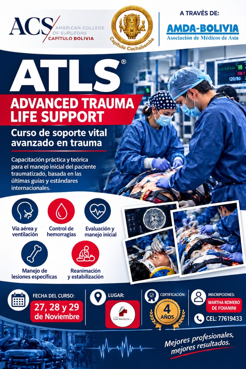 Flyer del curso ATLS® a través de AMDA-Bolivia — 27, 28 y 29 de noviembre