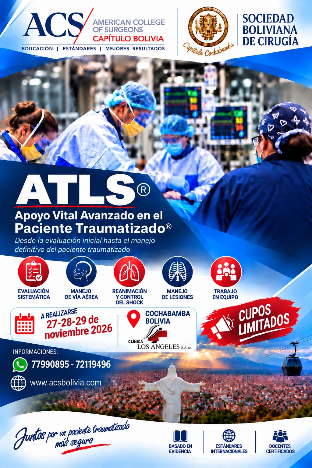 Flyer del curso ATLS® organizado con la Sociedad Boliviana de Cirugía, Capítulo Cochabamba — 27, 28 y 29 de noviembre de 2026