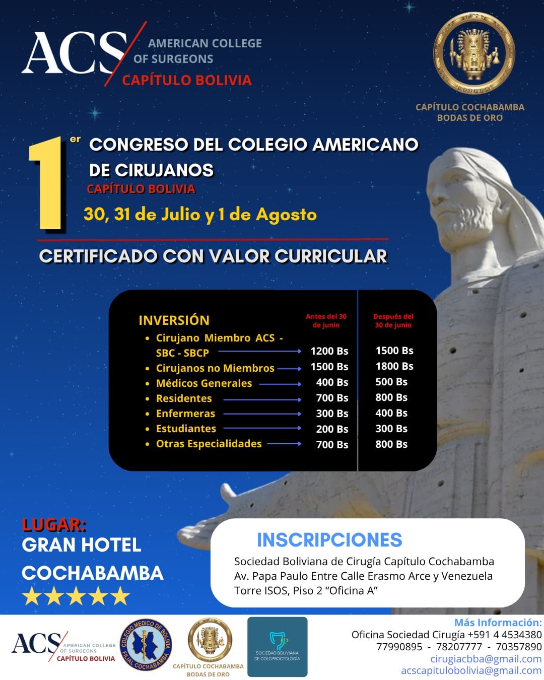 Afiche del 1er Congreso del Colegio Americano de Cirujanos — Capítulo Bolivia. Clic para ampliar.